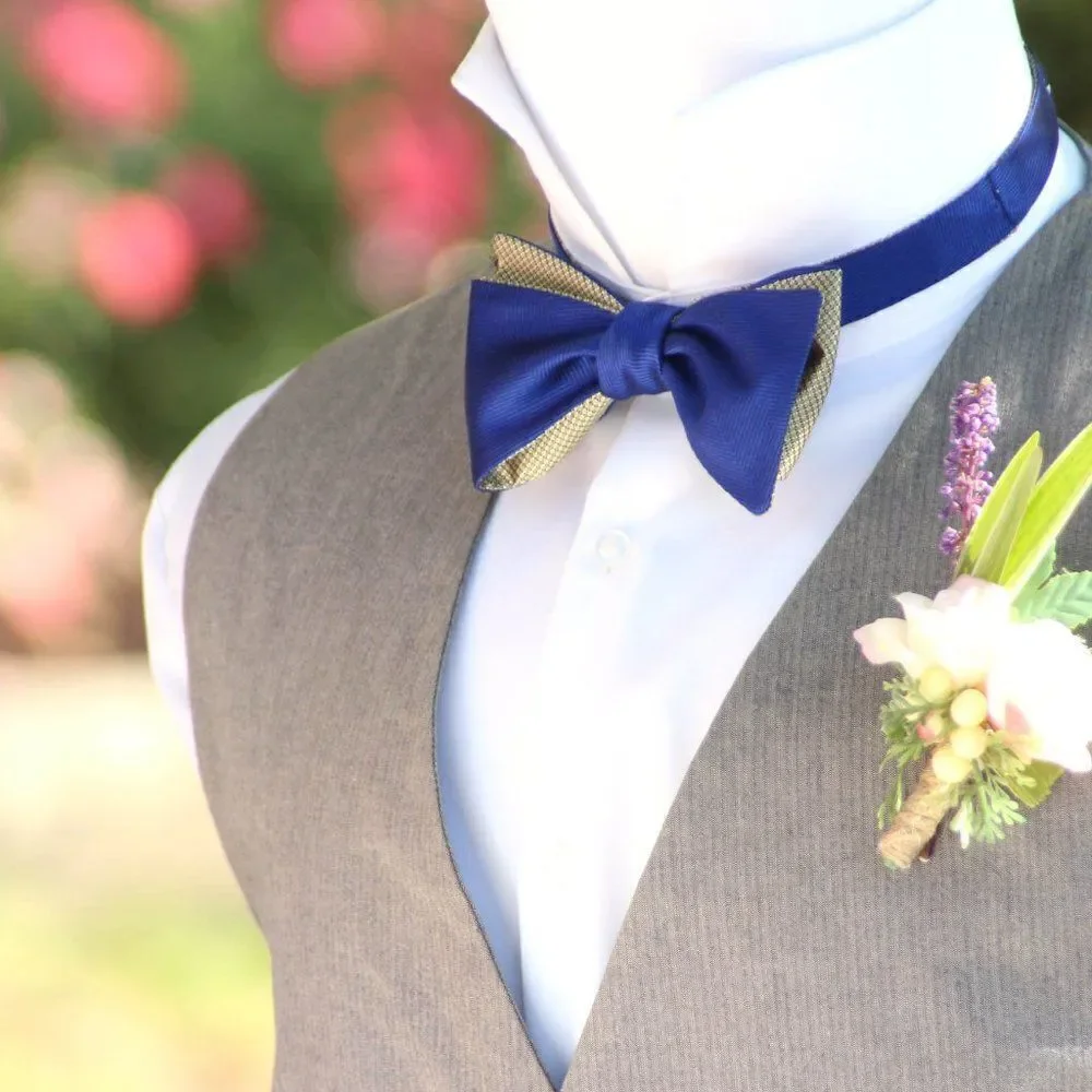 Mens bow tie Silk Blue Gold Reversible Italian‎ silk Bow tie Self-tied